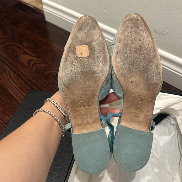 🩵 Chanel 21S Denim Blue Neon Mademoiselle Coco Sling Slingback Flat Sandal 37 - Picture 4 of 6